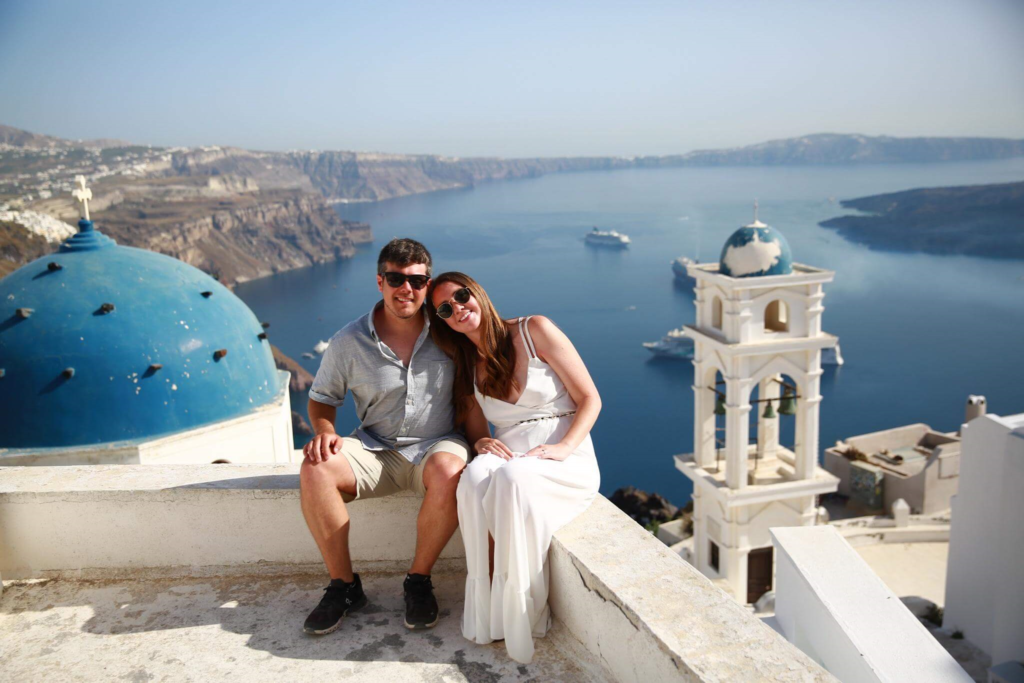 White dressed purchased while shopping in Santorini.